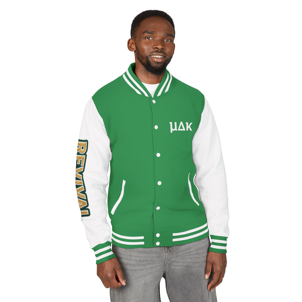 Letterman Jacket – 'REVIVAL' Red & White Varsity Jacket with Greek-Style Chest Logo