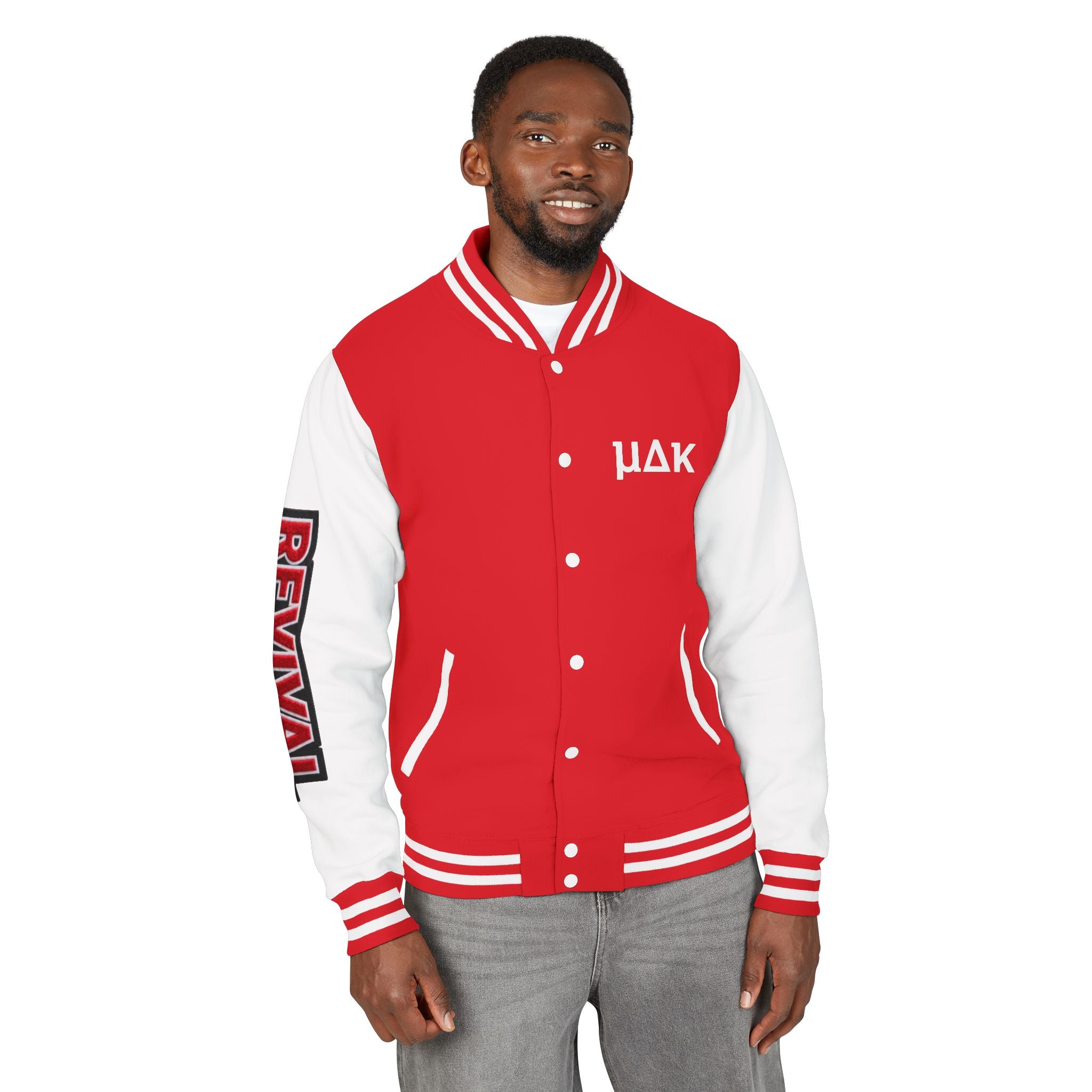 Letterman Jacket – 'REVIVAL' Red & White Varsity Jacket with Greek-Style Chest Logo