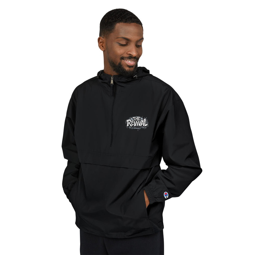 Packable Anorak Jacket — Black 'Champion' Logo Windbreaker