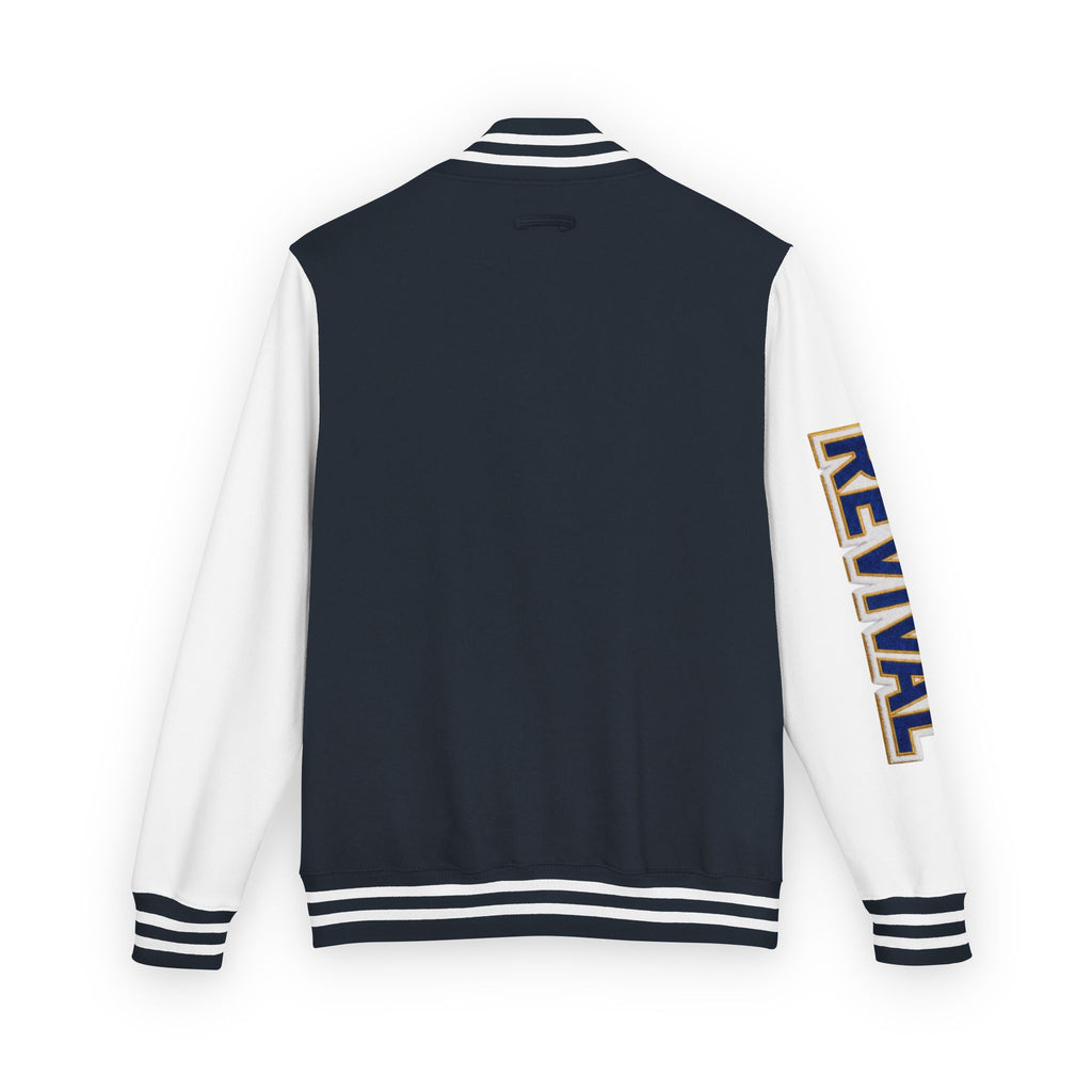 Letterman Jacket – 'REVIVAL' Red & White Varsity Jacket with Greek-Style Chest Logo