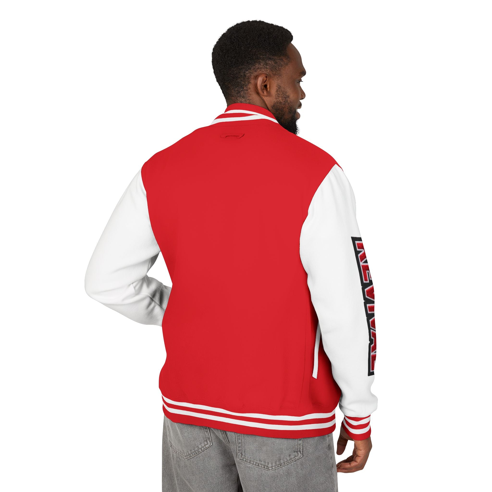 Letterman Jacket – 'REVIVAL' Red & White Varsity Jacket with Greek-Style Chest Logo