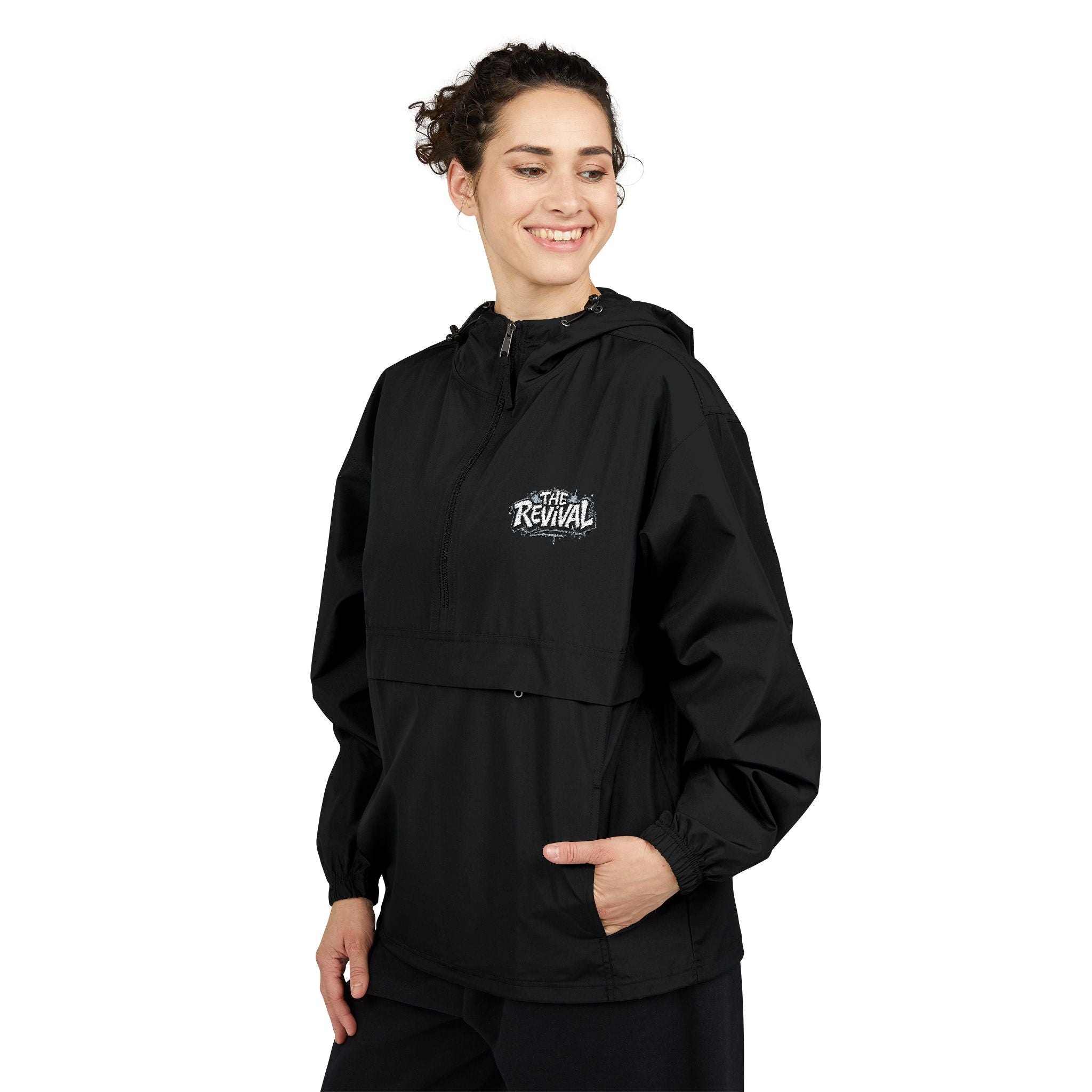 Packable Anorak Jacket — Black 'Champion' Logo Windbreaker