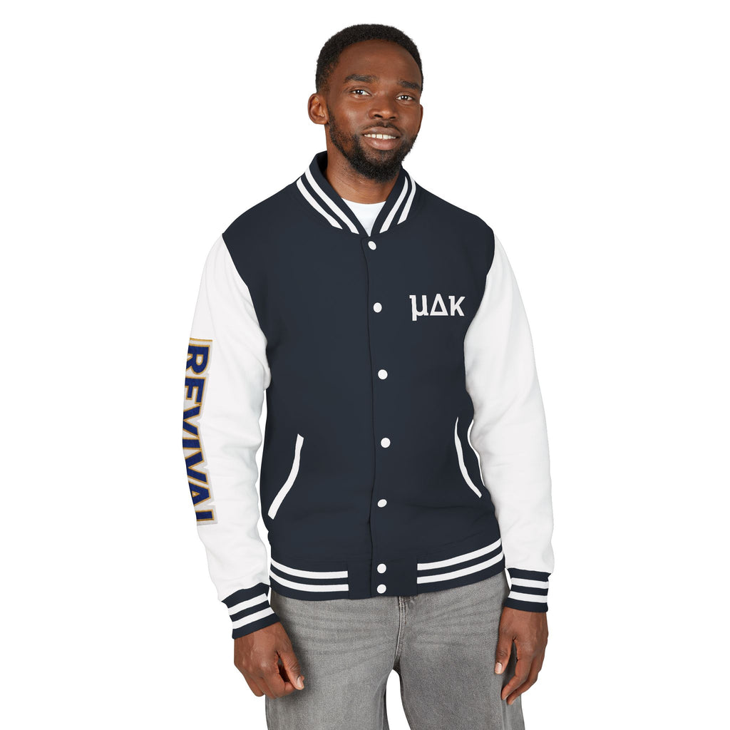 Letterman Jacket – 'REVIVAL' Red & White Varsity Jacket with Greek-Style Chest Logo