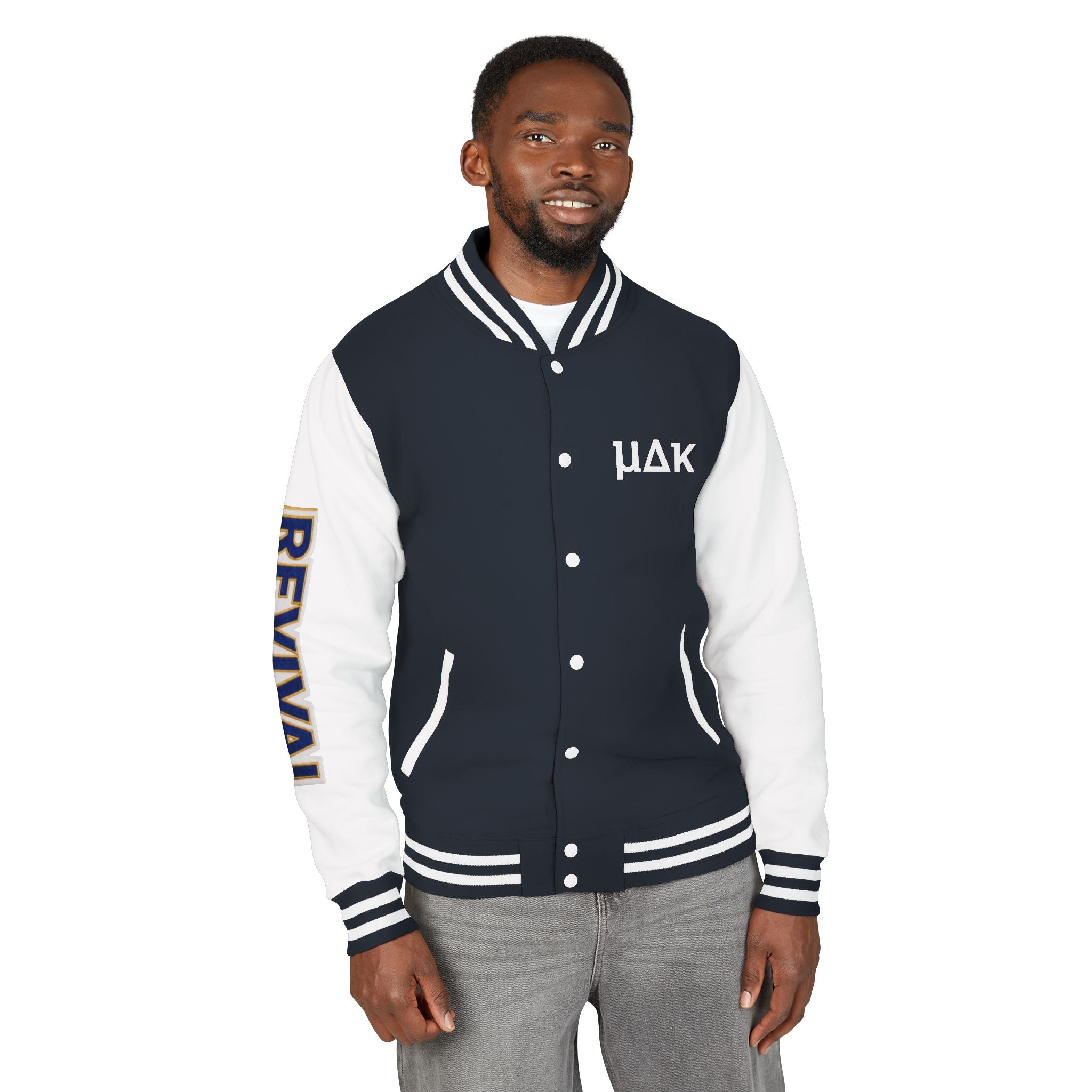 Letterman Jacket – 'REVIVAL' Red & White Varsity Jacket with Greek-Style Chest Logo
