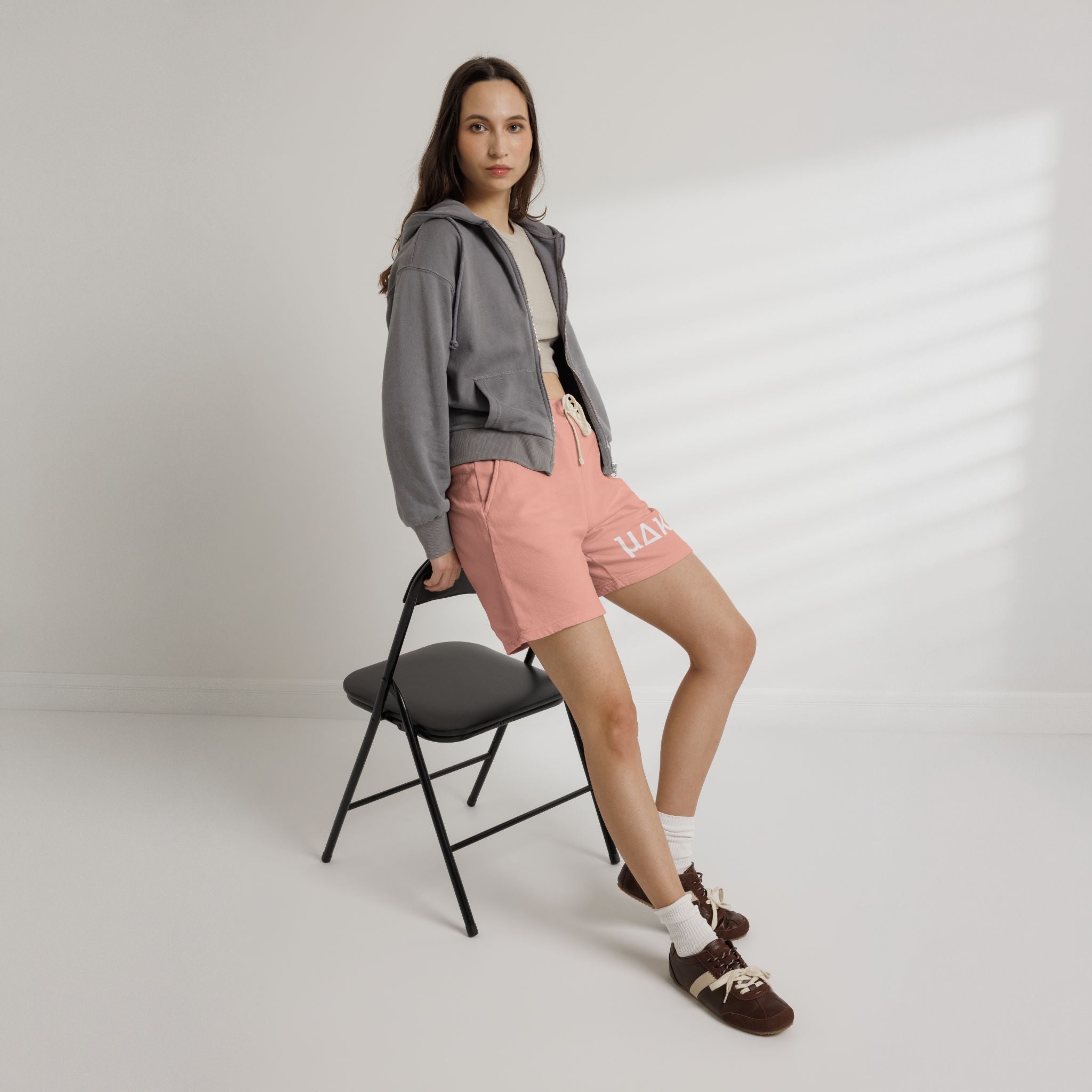 Lightweight Garment-Dyed Fleece Sweat Shorts — Relaxed Peach Lounge Shorts with Minimal White Logo