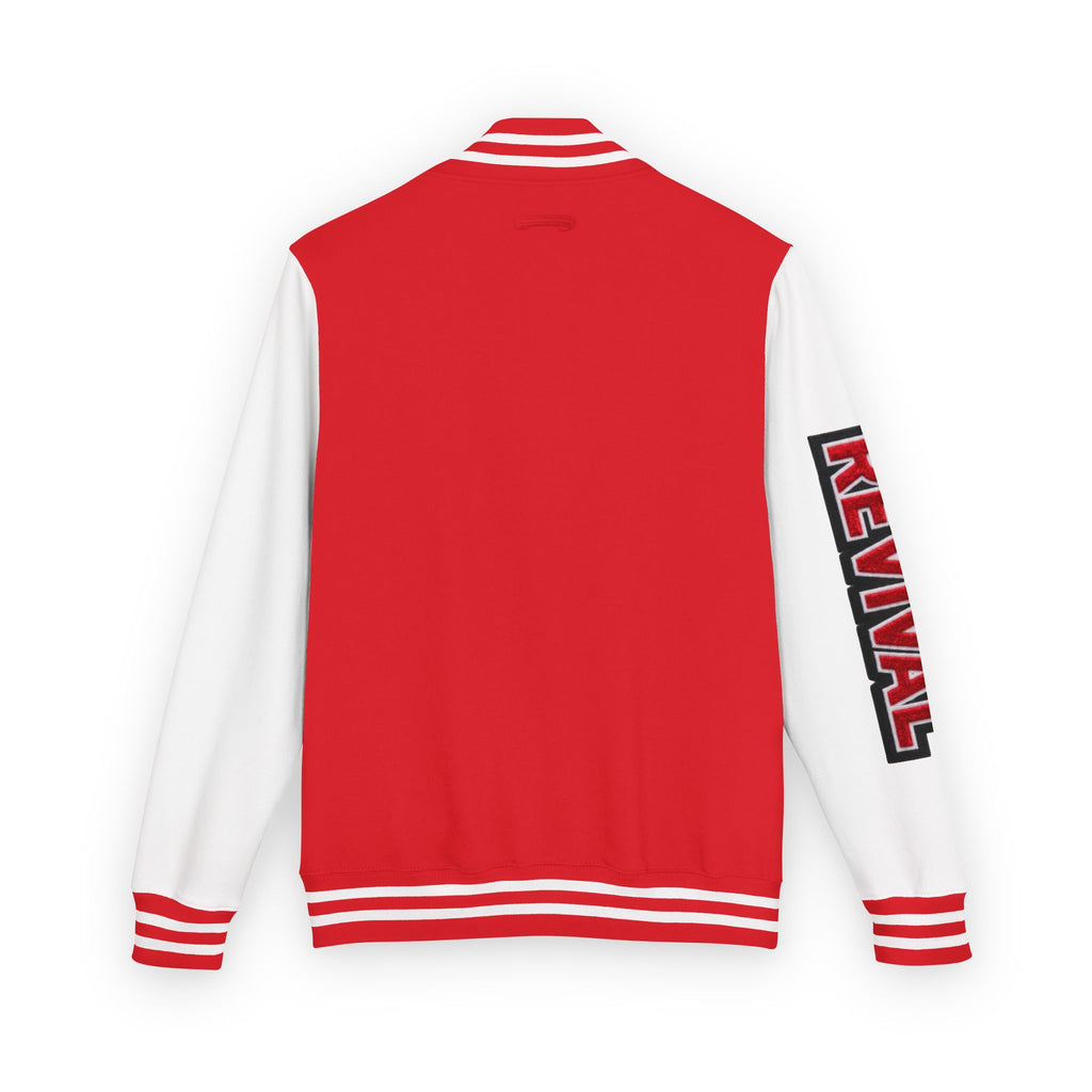 Letterman Jacket – 'REVIVAL' Red & White Varsity Jacket with Greek-Style Chest Logo