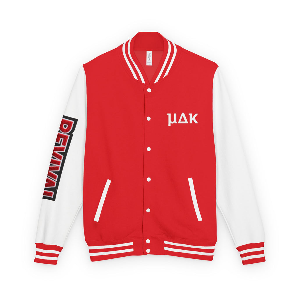Letterman Jacket – 'REVIVAL' Red & White Varsity Jacket with Greek-Style Chest Logo