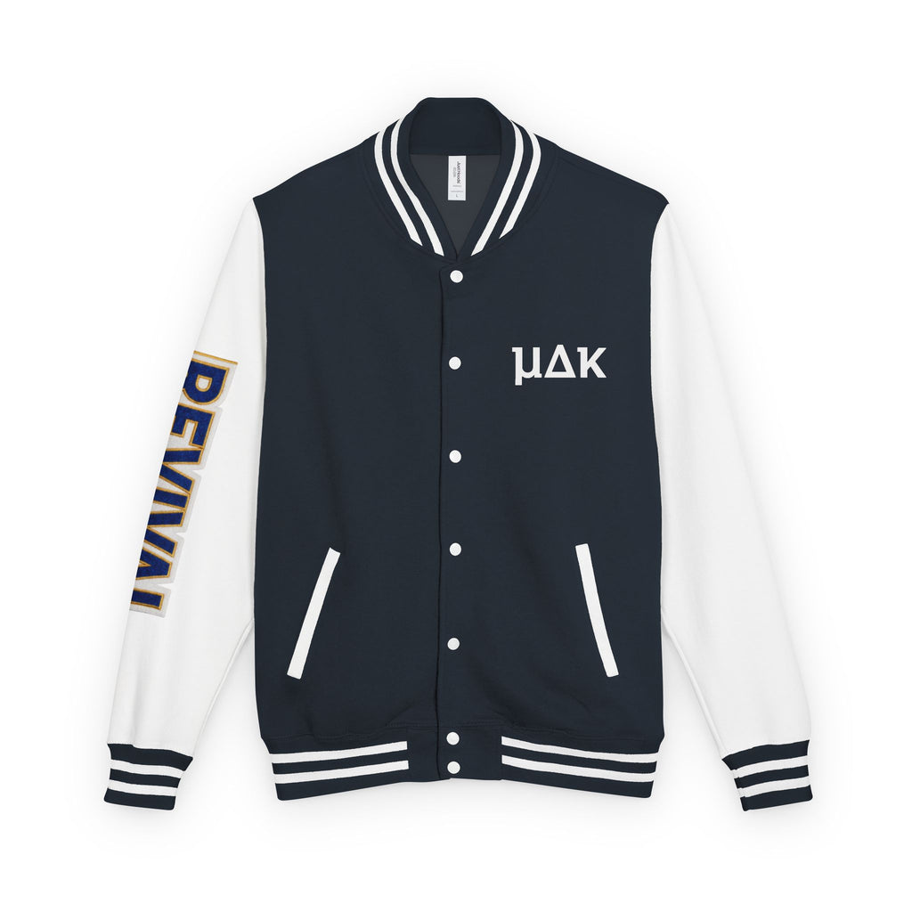 Letterman Jacket – 'REVIVAL' Red & White Varsity Jacket with Greek-Style Chest Logo