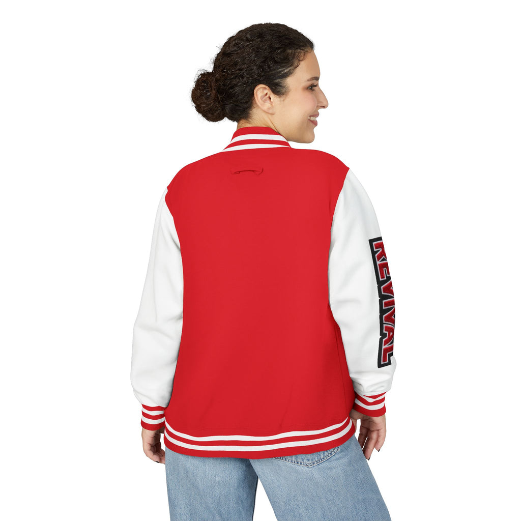 Letterman Jacket – 'REVIVAL' Red & White Varsity Jacket with Greek-Style Chest Logo