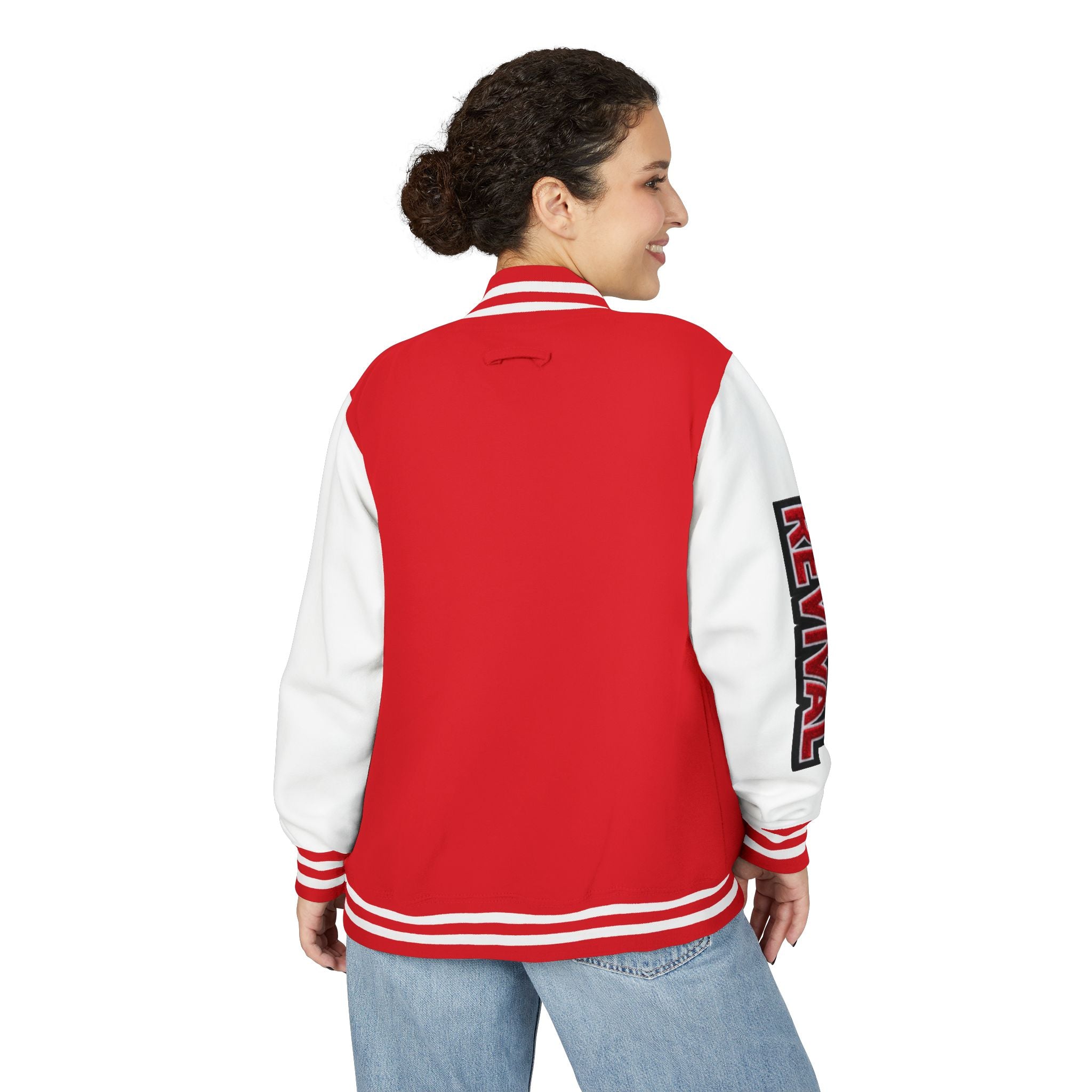 Letterman Jacket – 'REVIVAL' Red & White Varsity Jacket with Greek-Style Chest Logo