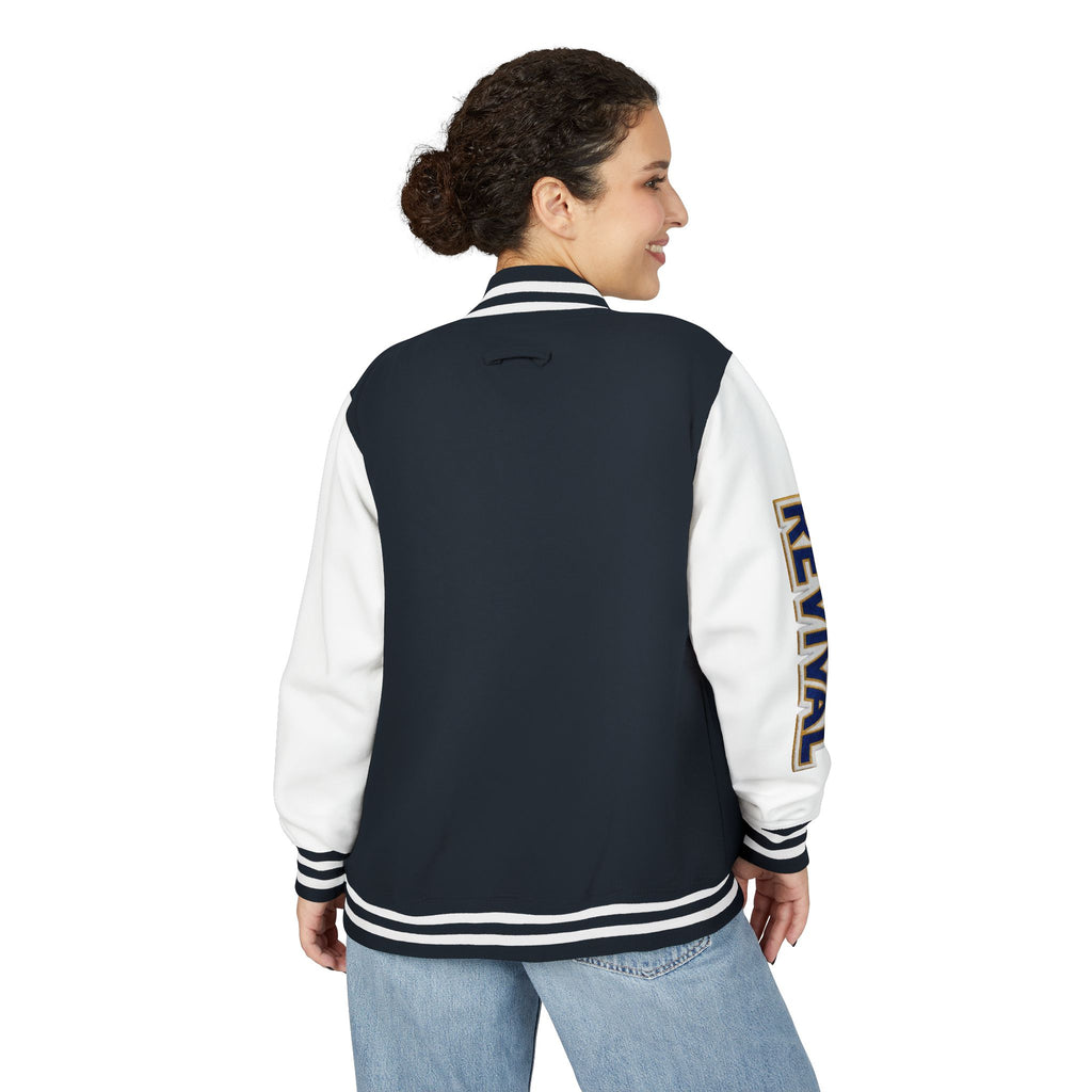 Letterman Jacket – 'REVIVAL' Red & White Varsity Jacket with Greek-Style Chest Logo