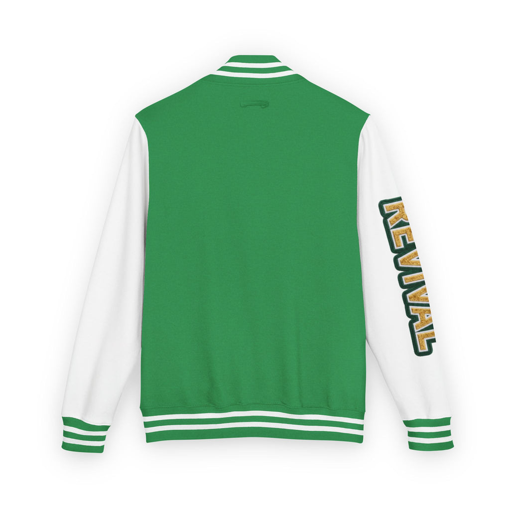 Letterman Jacket – 'REVIVAL' Red & White Varsity Jacket with Greek-Style Chest Logo