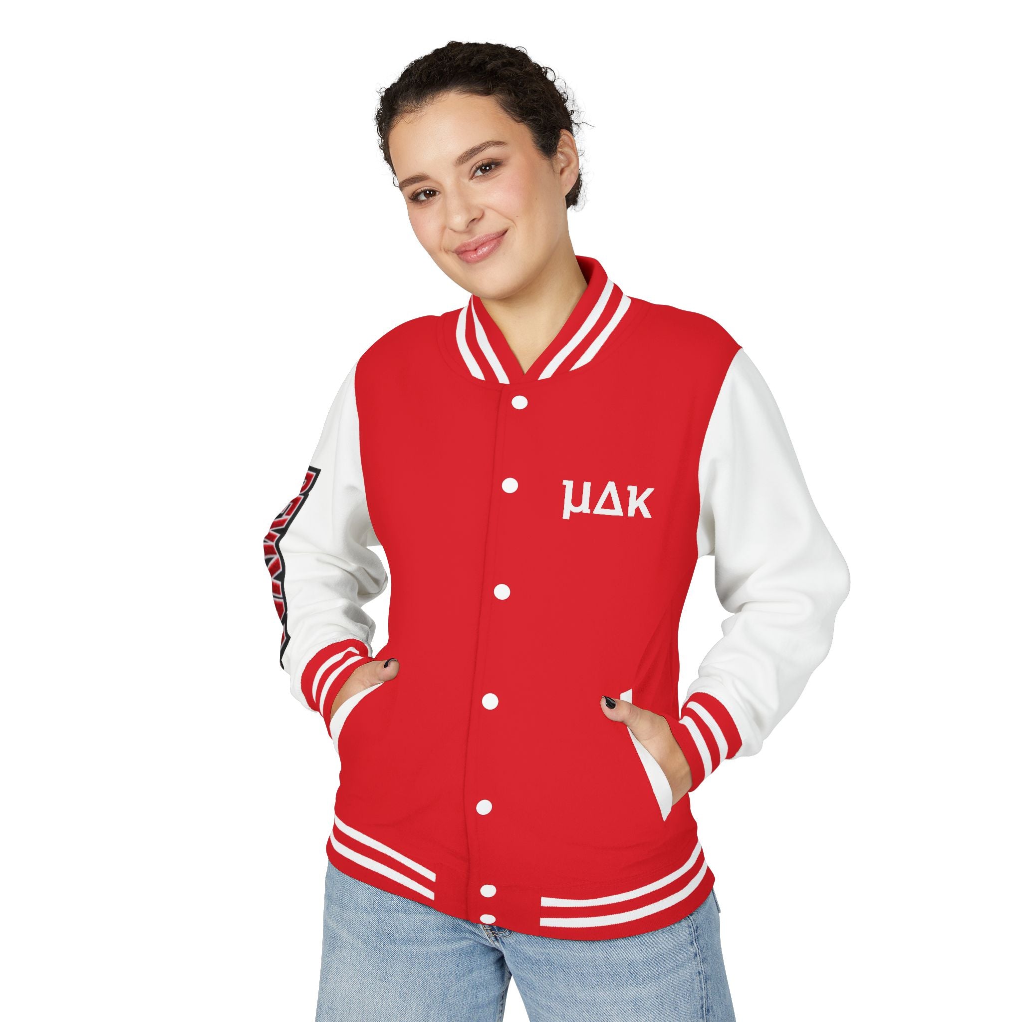 Letterman Jacket – 'REVIVAL' Red & White Varsity Jacket with Greek-Style Chest Logo